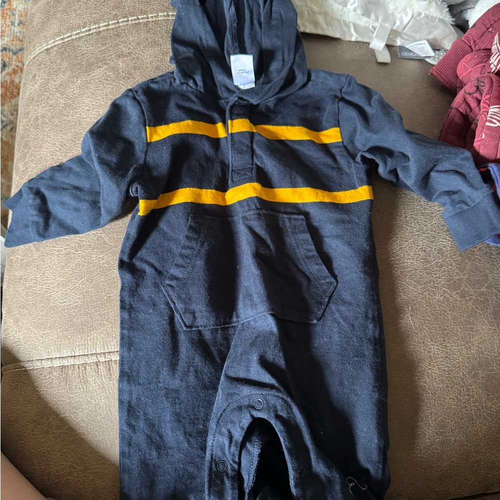 Navy Blue Baby Hooded Romper with Yellow Stripes